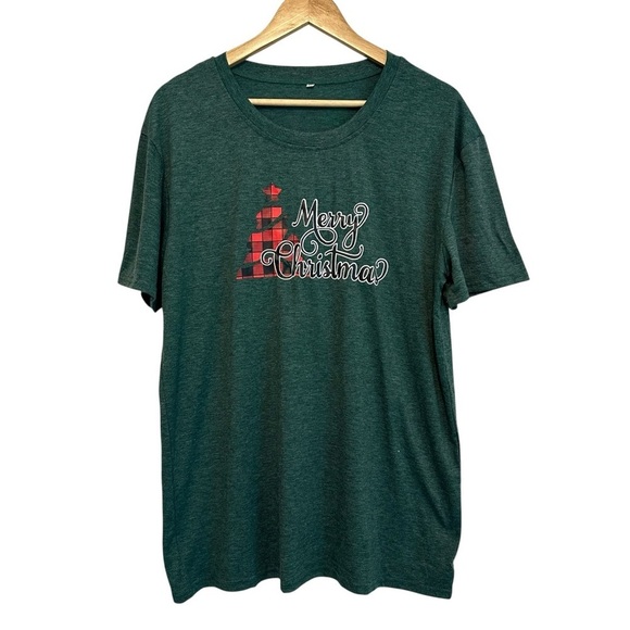 Source Unknown Tops - NEW Women's XL Green Plaid "Merry Christmas" Tree Holiday Cotton Blend T-Shirt